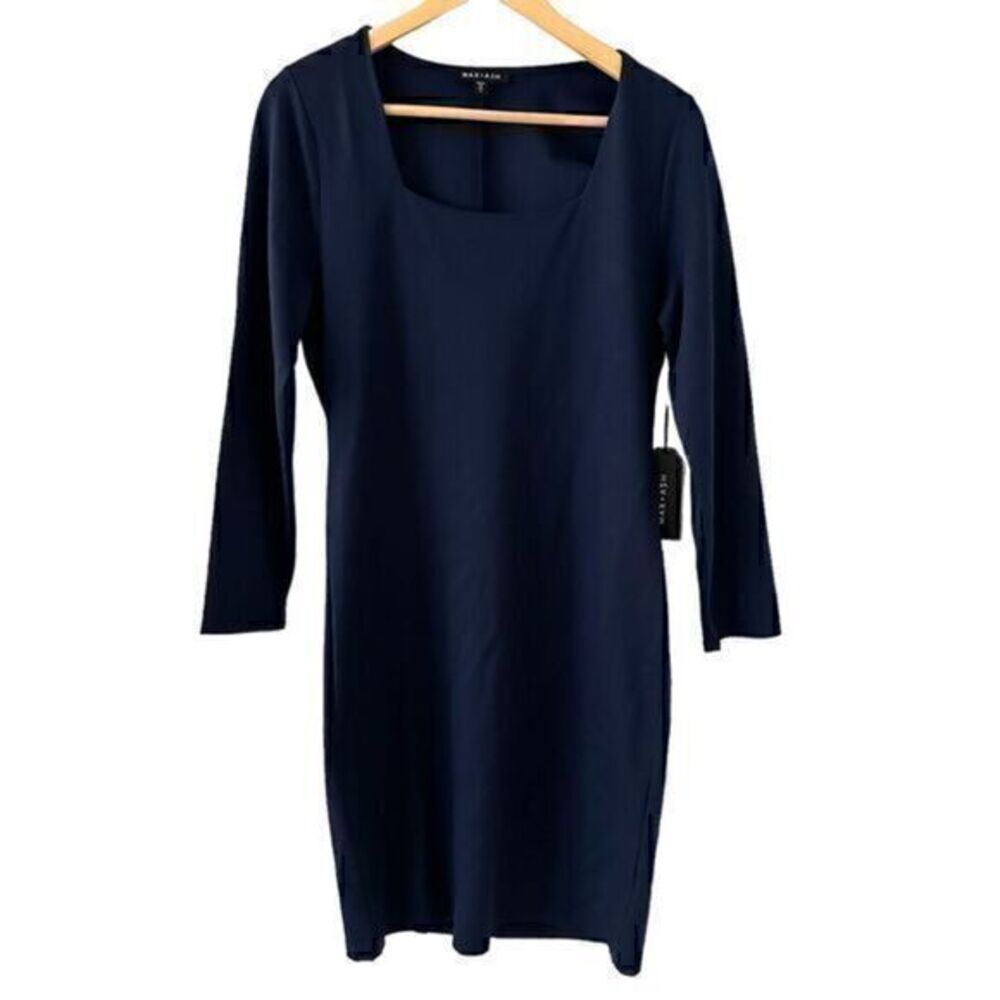 Max + Ash‎ Navy Blue Square Neck 3/4 Sleeve Polyester Bodycon Midi Dress Size M
